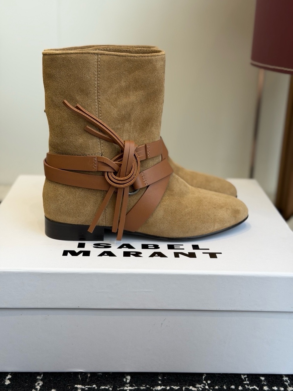 Isabel Marant Beige Suede Ankle Boots with Leather Knot Straps